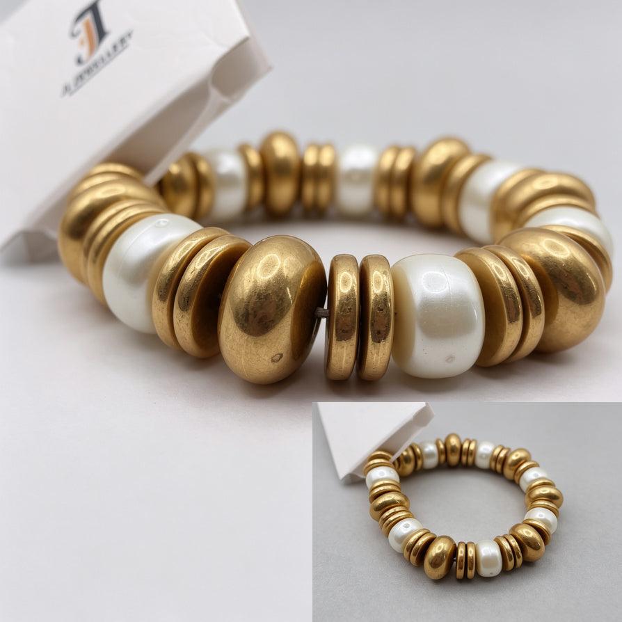 Pulsera Elástica con Perlas y Discos Dorados | Proveedor Mayorista de Bisutería|JI JOYA