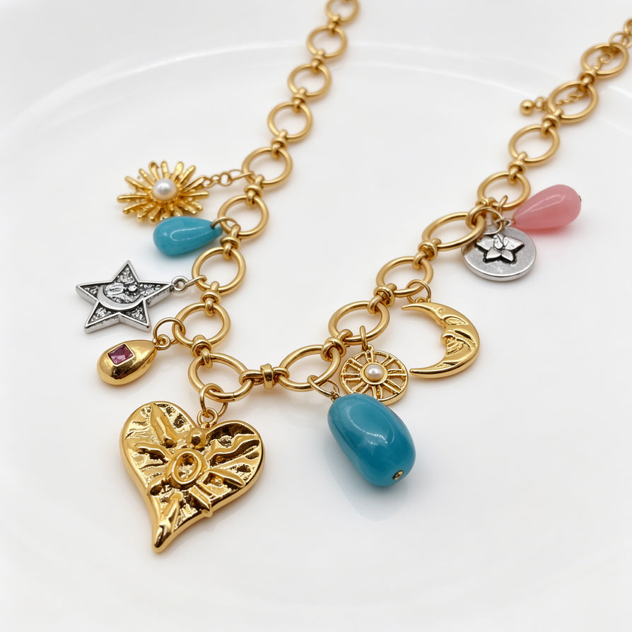 Collar de Cadena de Oro con Colgantes de Corazón y Estrellas - Diseño Único de Aleación|JI JOYA