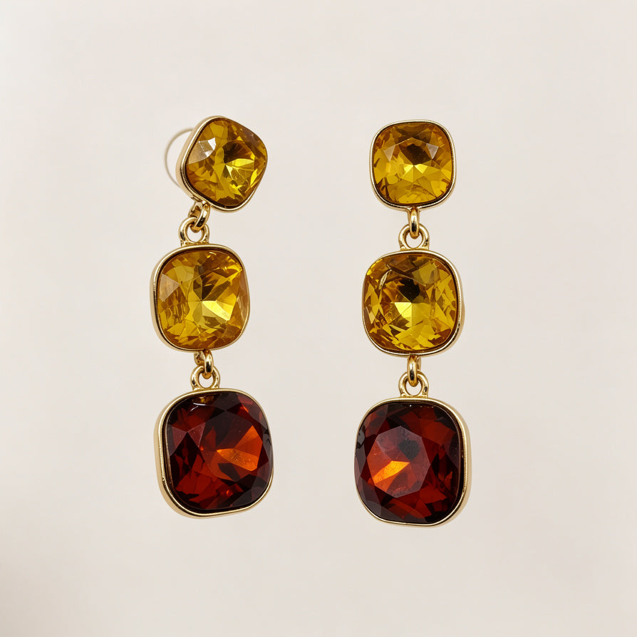 Aretes de Cristal Colgantes de 3 Piedras con Montura Dorada - Mayorista de Moda|JI JOYA