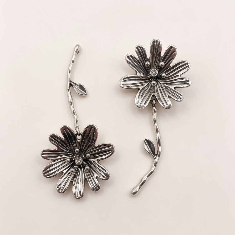 Pendientes Colgantes de Flor Asimétrica, Diseño Vintage, Oro y Plata, Mayoreo B2B|JI JOYA