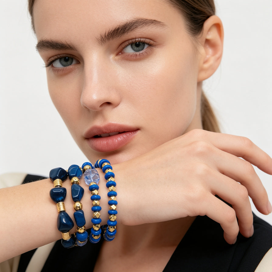 Set de 3 Pulseras Elásticas de Resina y Aleación de Zinc - Colores Azul Marino / Verde Jade - Joyería de Moda al Por Mayor|JI JOYA