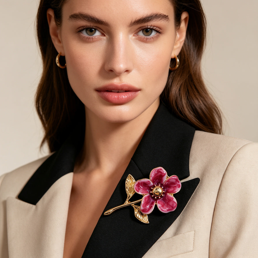 Broche de Flor de Esmalte Dorado al Por Mayor | 2 Colores (Azul Turquesa / Rosa Vintage)|JI JOYA