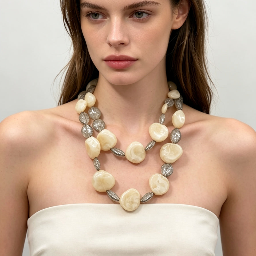 JI JOYA VENTA AL POR MAYOR|Collar de Doble Cadena con Piedras Grandes Irregulares de Acrílico, Diseño Elegante para Mujer, Joyería de Moda al Por Mayor