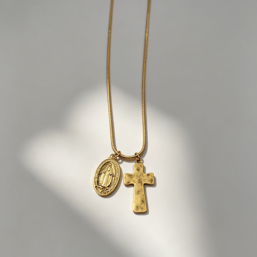 Collar de Oro con Medalla de Virgen María y Cruz, Cadena Serpiente, Joyería Religiosa al Por Mayor|JI JOYA