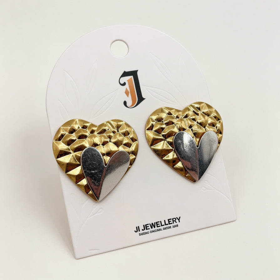 Pendientes Doble Corazón Texturizados Bicolor Oro y Plata | Mayorista Accesorios de Moda|JI JOYA