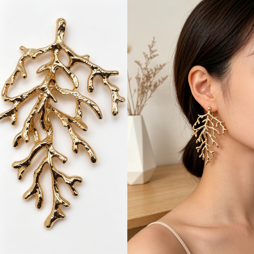 Pendientes Ramas de Coral Metálicos al Por Mayor | 2 Colores Oro y Plata, Diseño Texturizado Exclusivo|JI JOYA
