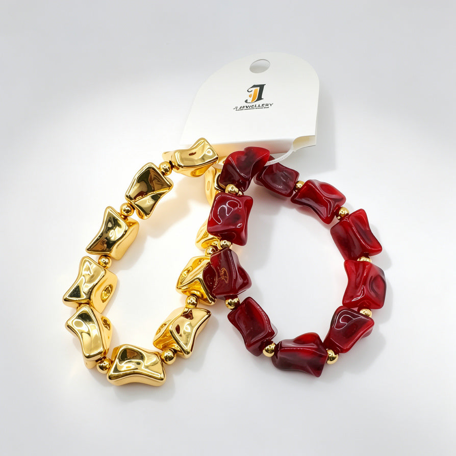 Pulsera Elástica de Cuentas Irregulares de Resina y Metal - Diseño Minimalista de Lujo para Mujer, 4 Colores, Mayoreo|JI JOYA