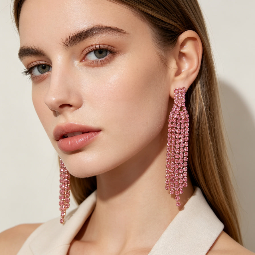 Pendientes de Largo Colgante con Cristales Rosa Brillantes | Joyería de Fiesta para Mayoristas|JI JOYA