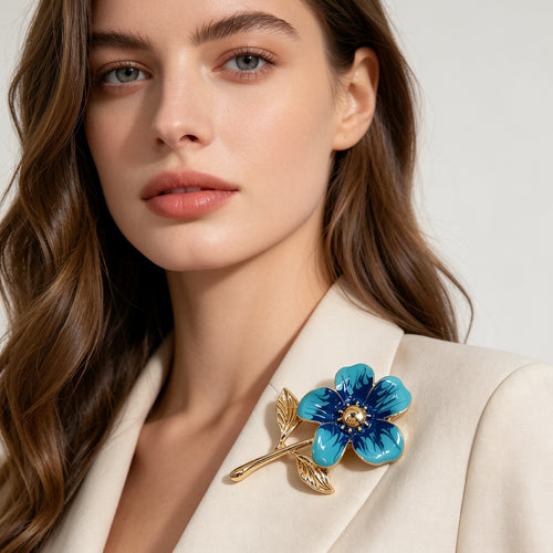 Broche de Flor de Esmalte Dorado al Por Mayor | 2 Colores (Azul Turquesa / Rosa Vintage)|JI JOYA