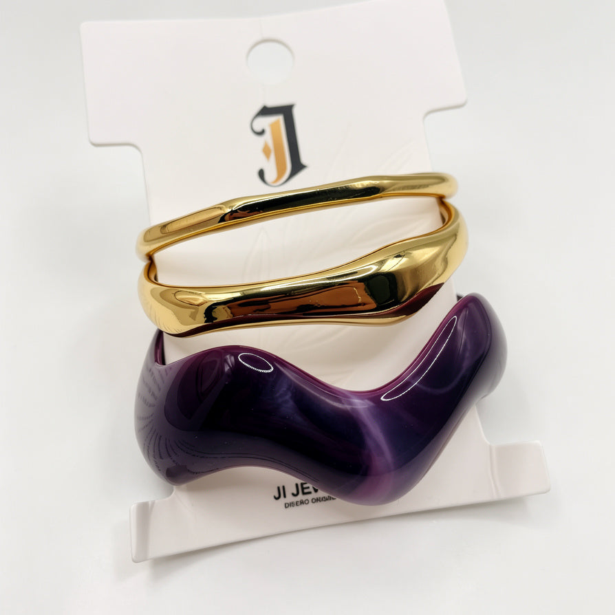 Set de 3 Pulseras Onduladas de Resina y Metal Dorado - Venta al Por Mayor|JI JOYA