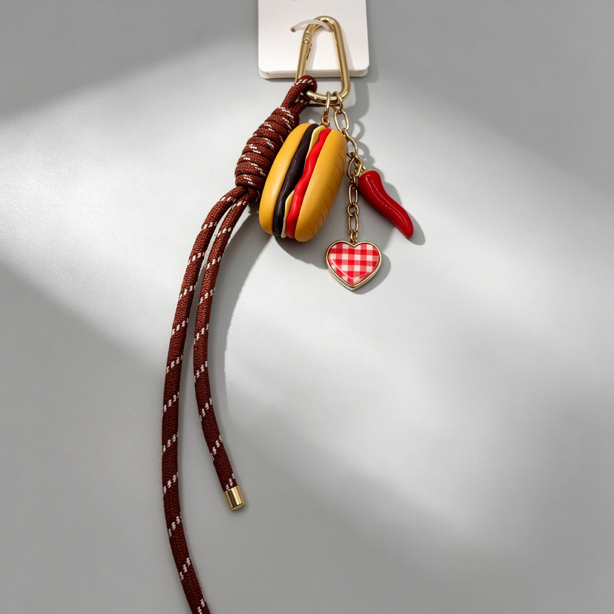 Llavero de Hamburguesa y Chile con Correa de Cuerda | Accesorio para Bolsos al Por Mayor|JI JOYA