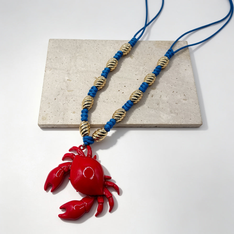 Collar Colgante Cangrejo de Playa - Diseño Marino de Verano, Cadena Trenzada con Cuentas Doradas, 2 Colores, para Mayoristas|JI JOYA