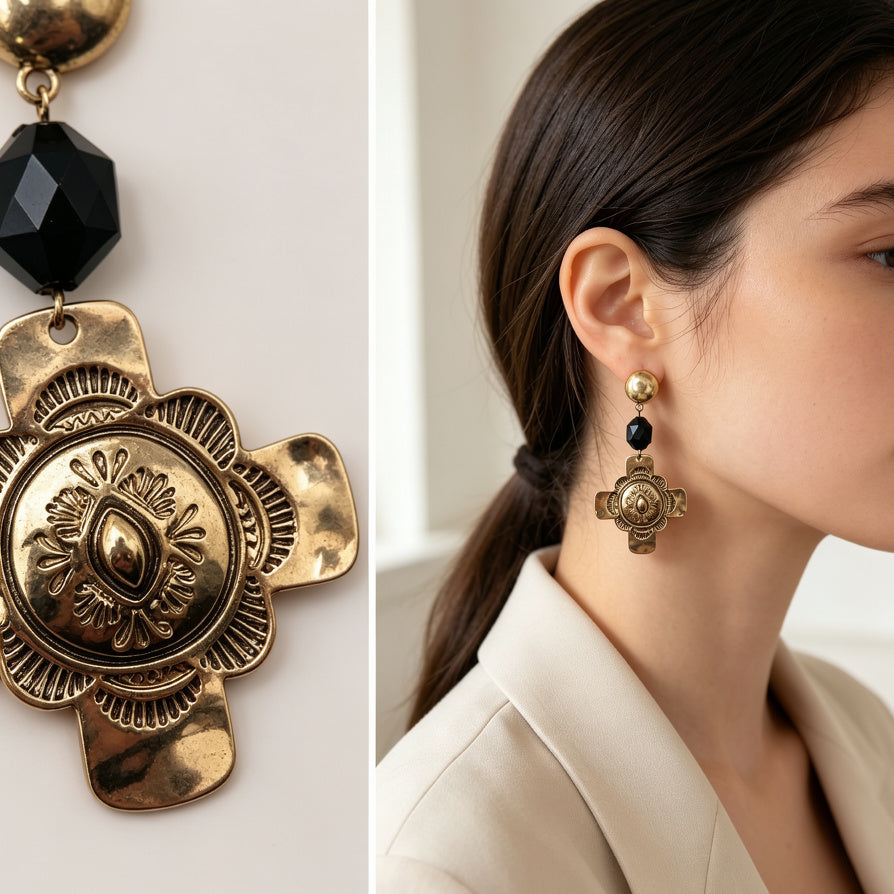 Pendientes Cruz Vintage con Detalles Grabados y Cuentas Negras - Dorado y Plateado - Joyería al Por Mayor para Mujer|JI JOYA