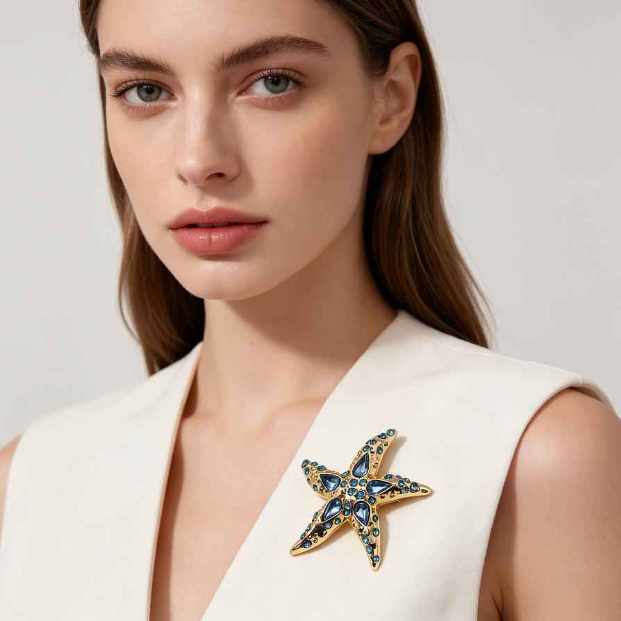 Broche Estrella de Mar Premium | Cristales Azules, Bisutería al Por Mayor|JI JOYA