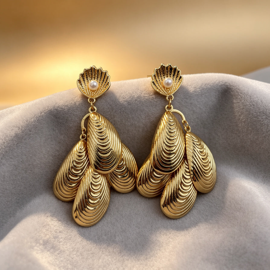 Pendientes de Diseño de Concha de Oro con Perla - Lote al por Mayor|JI JOYA