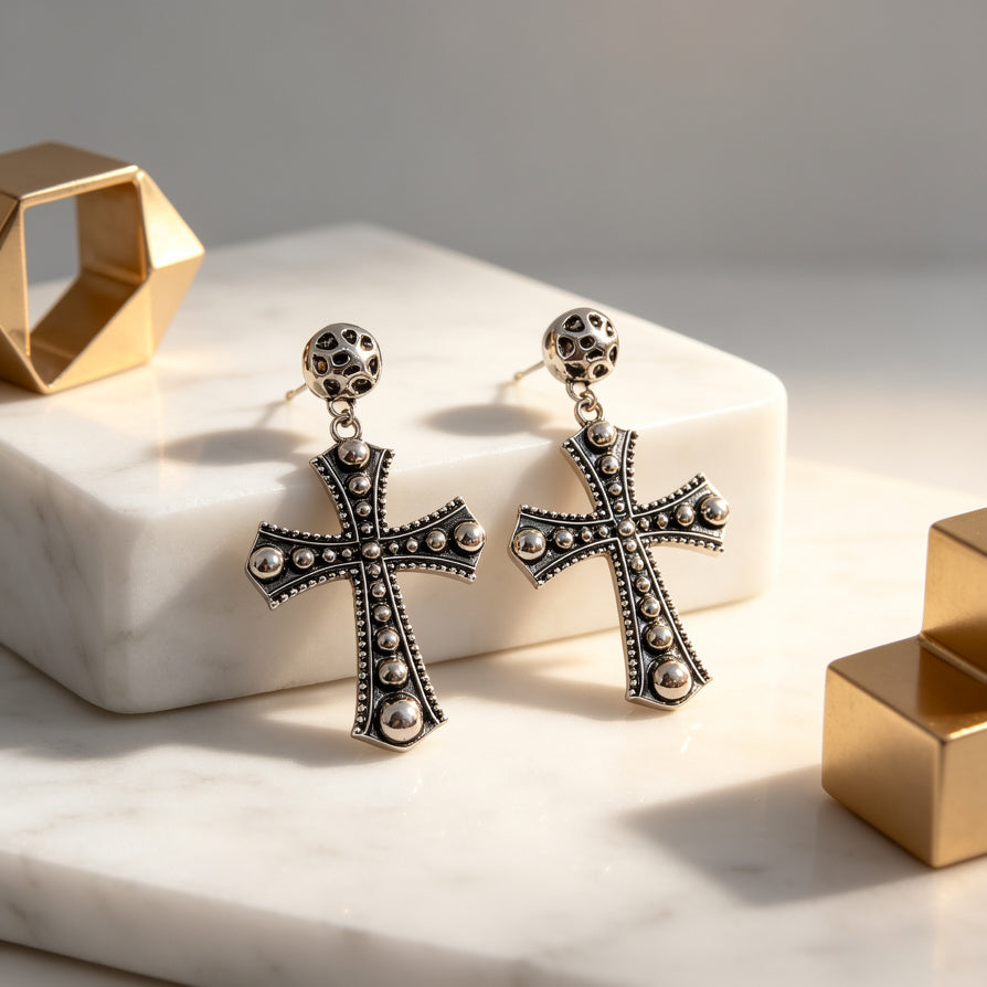 Pendientes Cruz Vintage Dorada/Plateada | Joyería Gótica al Por Mayor|JI JOYA