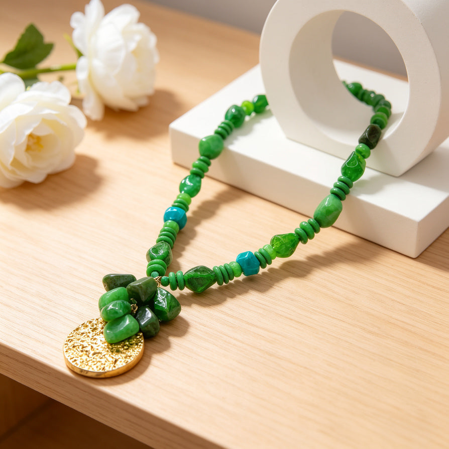 Collar de cuentas de resina coloridas con colgante dorado | Mayorista B2B | 2 Colores (Verde / Azul)|JI JOYA