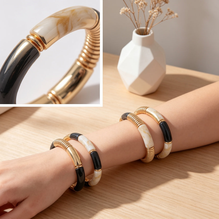Set de 3 Pulseras Elásticas de Resina y Metal Dorado - Joyería Moda Mayorista|JI JOYA