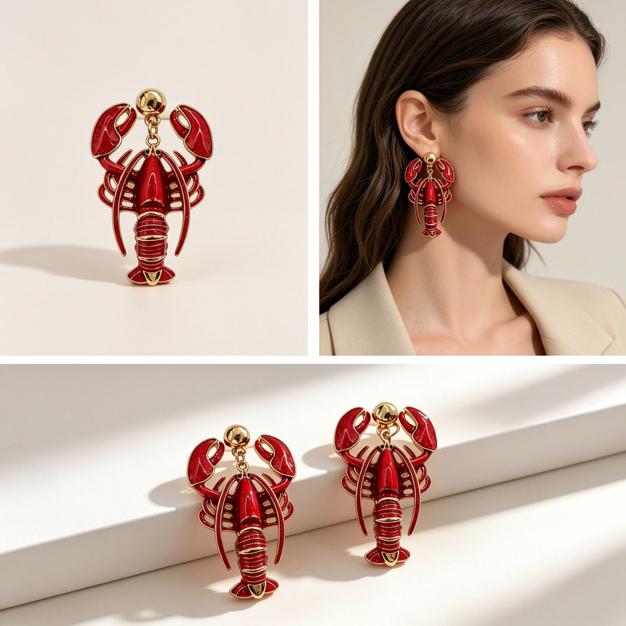 Pendientes de Langosta Esmaltados, Diseño Animal Colorido, Accesorios de Moda al Por Mayor | 2 Colores Disponibles|JI JOYA