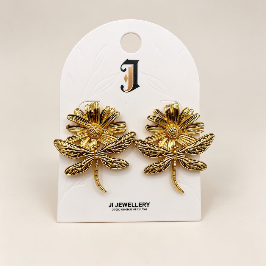 Pendientes de Libélula y Margarita Vintage | Mayoreo B2B | 2 Colores Disponibles|JI JOYA