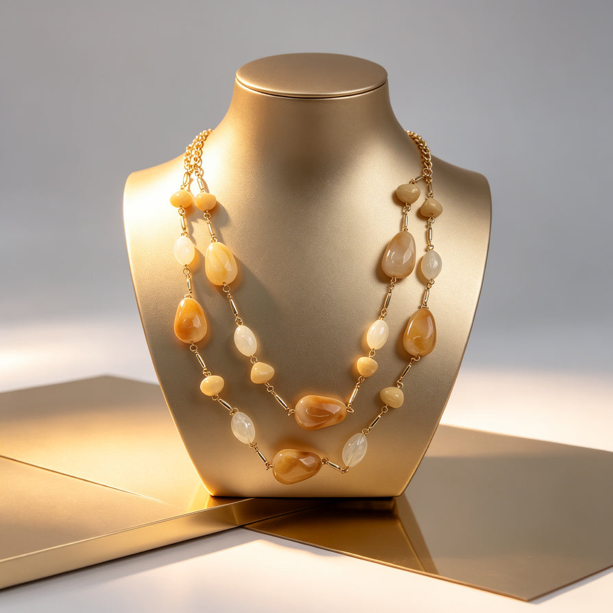 Collar Largo de Piedras Naturales en Tonos Miel y Crema - Joyería Elegante para Mujer|JI JOYA