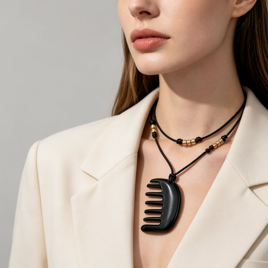 Collar de Peine de Metal Dorado y Negro, Juego de 2 Piezas, Collar Largo de Cuerda para Mujer, Joyería al Por Mayor|JI JOYA