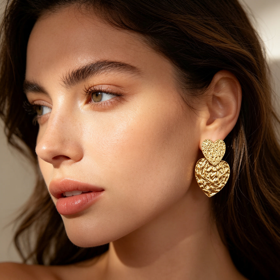 Pendientes de Corazón Texturizados en Oro - Joyería al Por Mayor para Minoristas|JI JOYA