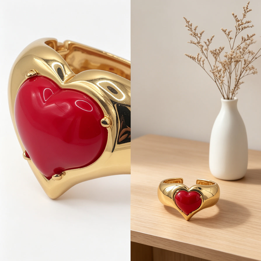 Brazalete Ajustable de Corazón Grande - Diseño Moderno en Zinc Aleación con Esmalte, 3 Colores, Venta al Por Mayor| JI JOYA