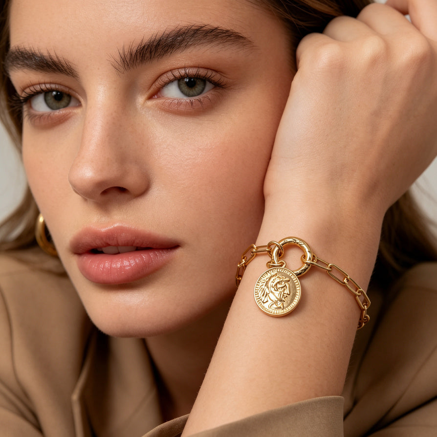 Pulsera de Cadena con Colgante de Moneda Estilo Antiguo - Plata/Oro, Ajustable, Joyería al Por Mayor|JI JOYA