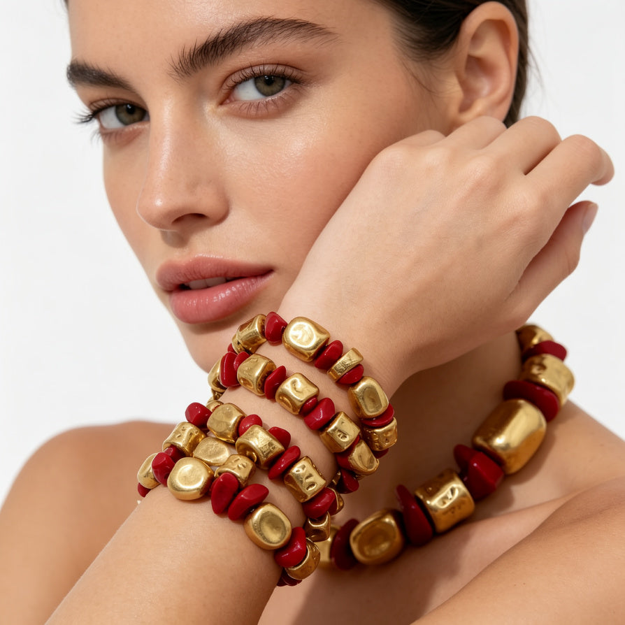 Pulseras de Piedra Irregular en Metal Dorado y Plateado, Set de 3 Unidades en Colores Turquesa, Rojo y Blanco | Bisutería al Por Mayor