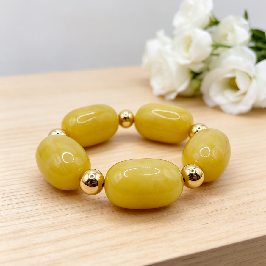 Set de Joyería de Resina Amarilla con Dorado, Pendientes + Collar + Pulsera | Venta al por Mayor|JI JOYA