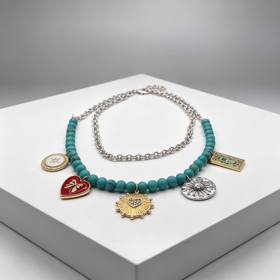Collar de Turquesa con Dijes Vintage - Joyería Bohemia para Mujer|JI JOYA