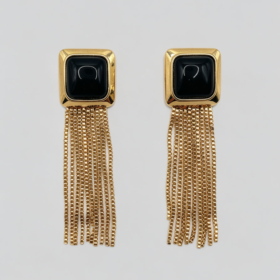 Pendientes Largos de Borla con Detalle Cuadrado Negro - Estilo Elegante y Versátil - Venta al Por Mayor|JI JOYA