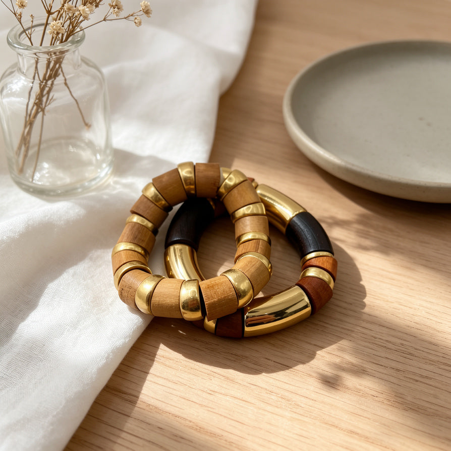 Set de Pulseras de Madera y Oro Minimalista, Brazalete Combinado para Mujer, Joyería de Moda Mayorista|JI JOYA