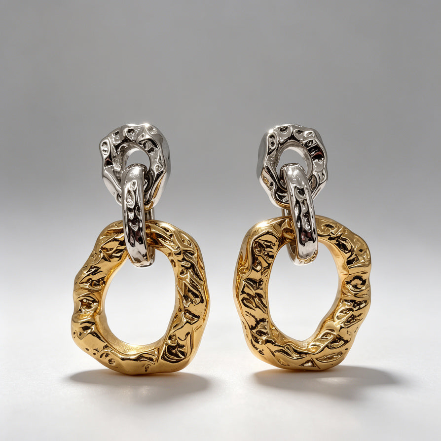 Pendientes Colgantes Geométricos Irregulares en Dos Tonos - Bisutería al Por Mayor|JI JOYA