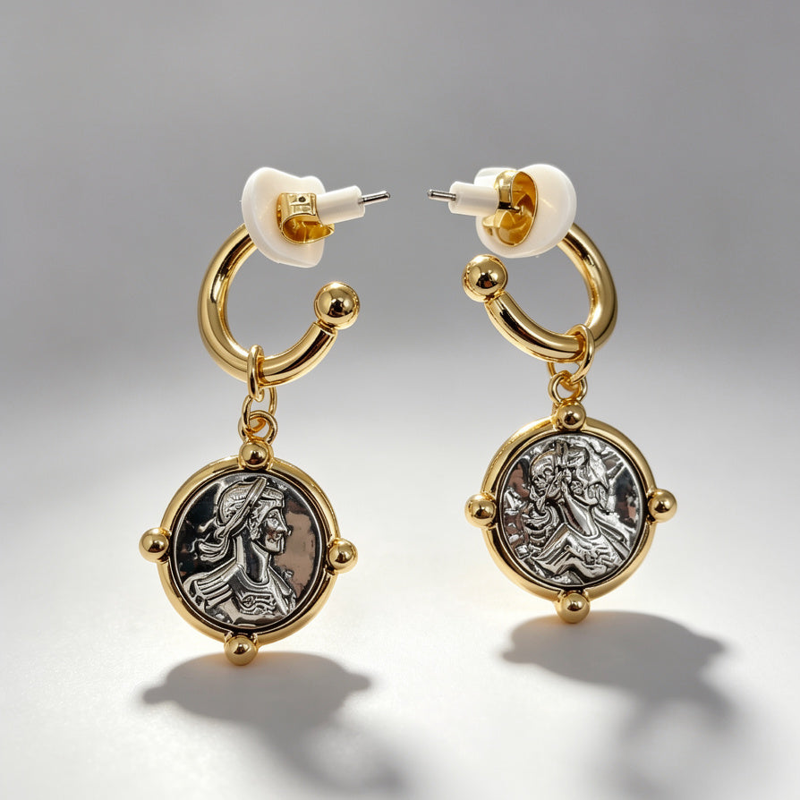 Pendientes de Moneda Romana Vintage Dorado y Plata - Joyería al por Mayor|JI JOYA