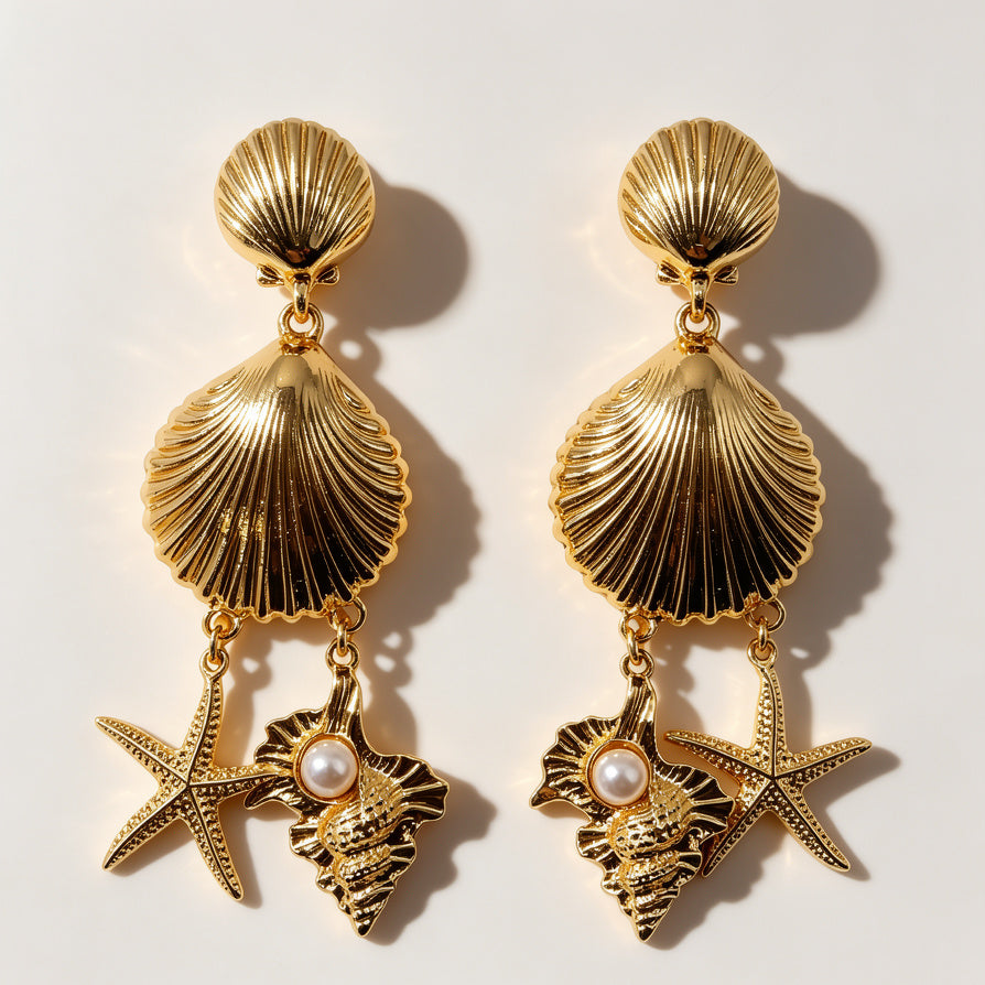 Pendientes de Concha Dorada con Perla y Estrella de Mar | Mayorista Joyería Marina para Mujer|JI JOYA