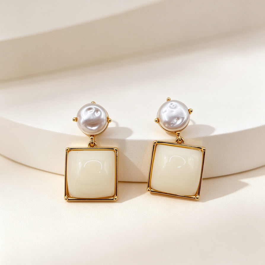 Pendientes Elegantes Cuadrados con Perla, Joyería de Moda Al Por Mayor|JI JOYA