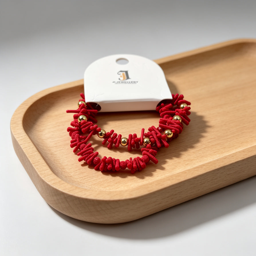 Pulsera de Coral Rojo con Bolas Doradas | Mayorista de Bisutería Moda al Por Mayor|JI JOYA