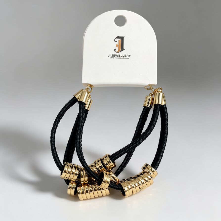 Pulsera de cuero trenzado con abalorios dorados, estilo multicapa, accesorio de moda mayorista|JI JOYA