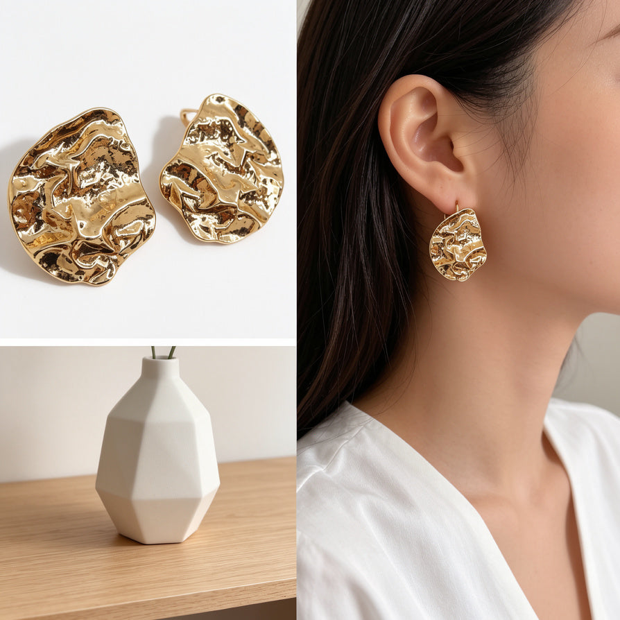 Pendientes de Metal Texturizado Dorado Minimalista | Mayorista B2B | JI JOYA