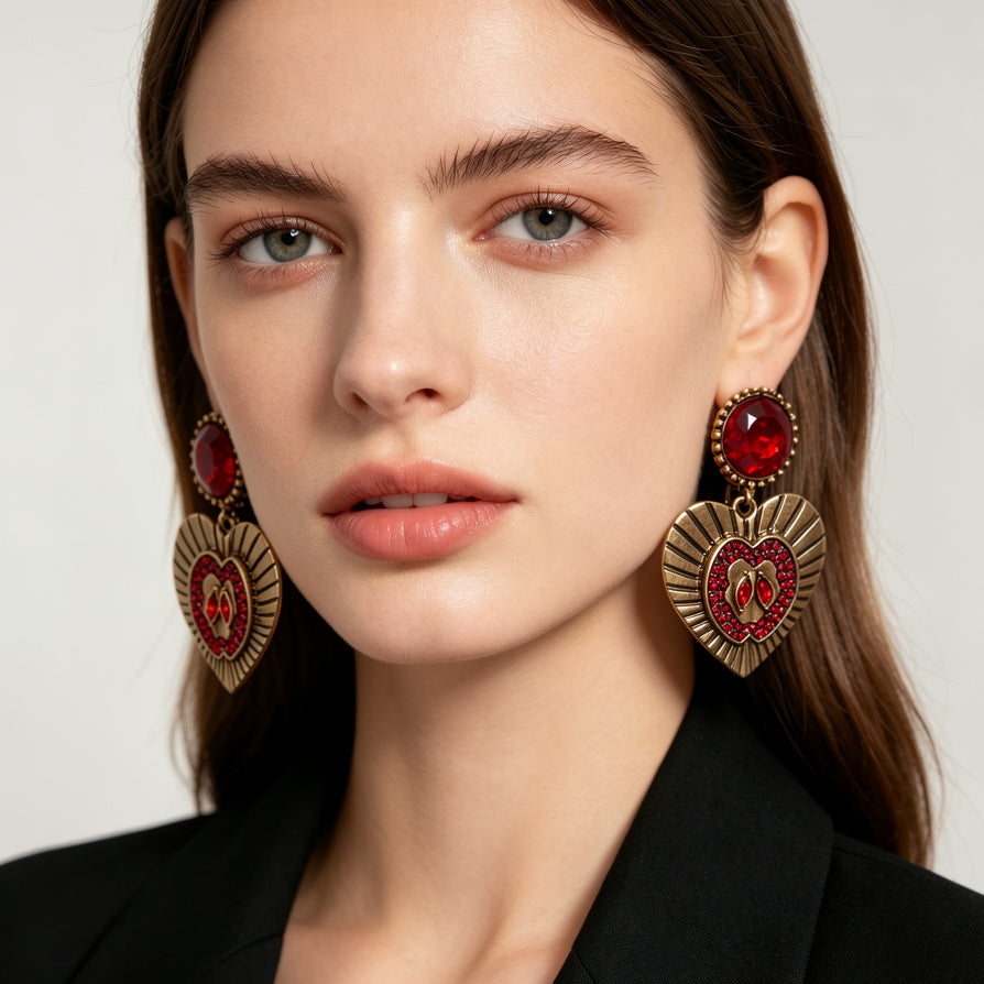 Arete Corazón Vintage con Cristal Rojo - Joyería al Por Mayor|JI JOYA