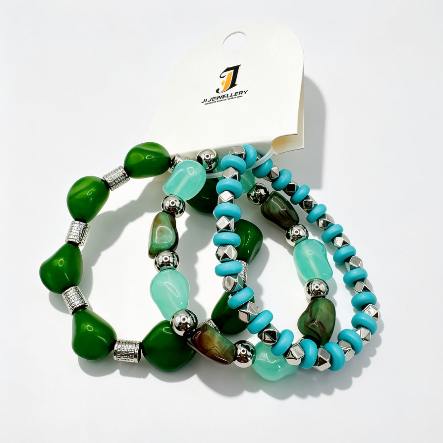 Set de 3 Pulseras Elásticas de Resina y Aleación de Zinc - Colores Azul Marino / Verde Jade - Joyería de Moda al Por Mayor|JI JOYA