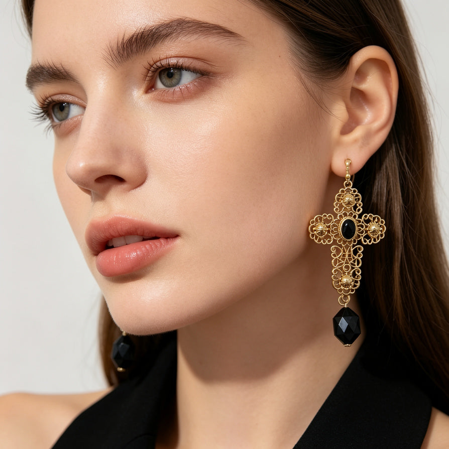 Pendientes Cruz Vintage con Piedra Negra - Oro/Plata - Joyería al Por Mayor|JI JOYA