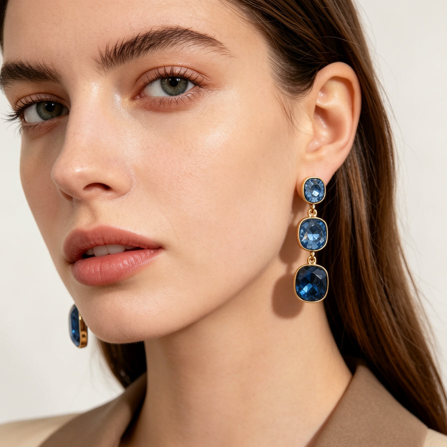 Aretes de Cristal Colgantes de 3 Piedras con Montura Dorada - Mayorista de Moda|JI JOYA