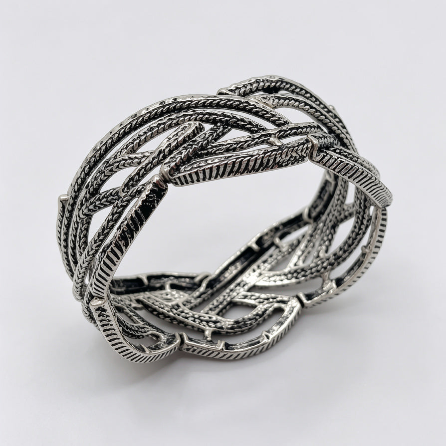 Pulsera Brazalete de Metal Entrelazado - Diseño Texturizado Vintage, Disponible en Dorado y Plateado, Venta al Mayoreo para Joyería Moda|JI JOYA