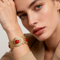 Pulsera Brazalete de Metal Dorado con Piedras Rojas, Diseño Étnico Boho, Accesorio para Mujer, Mayorista|JI JOYA