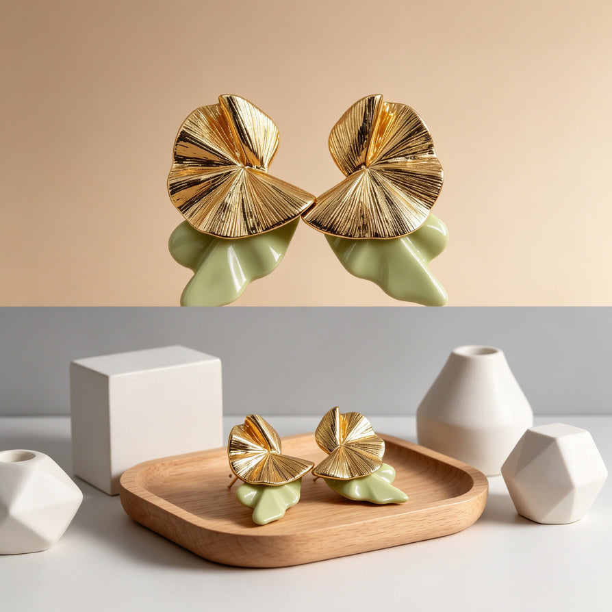 Pendientes Floral Verde y Dorado | Joyería de Moda al Por Mayor|JI JOYA