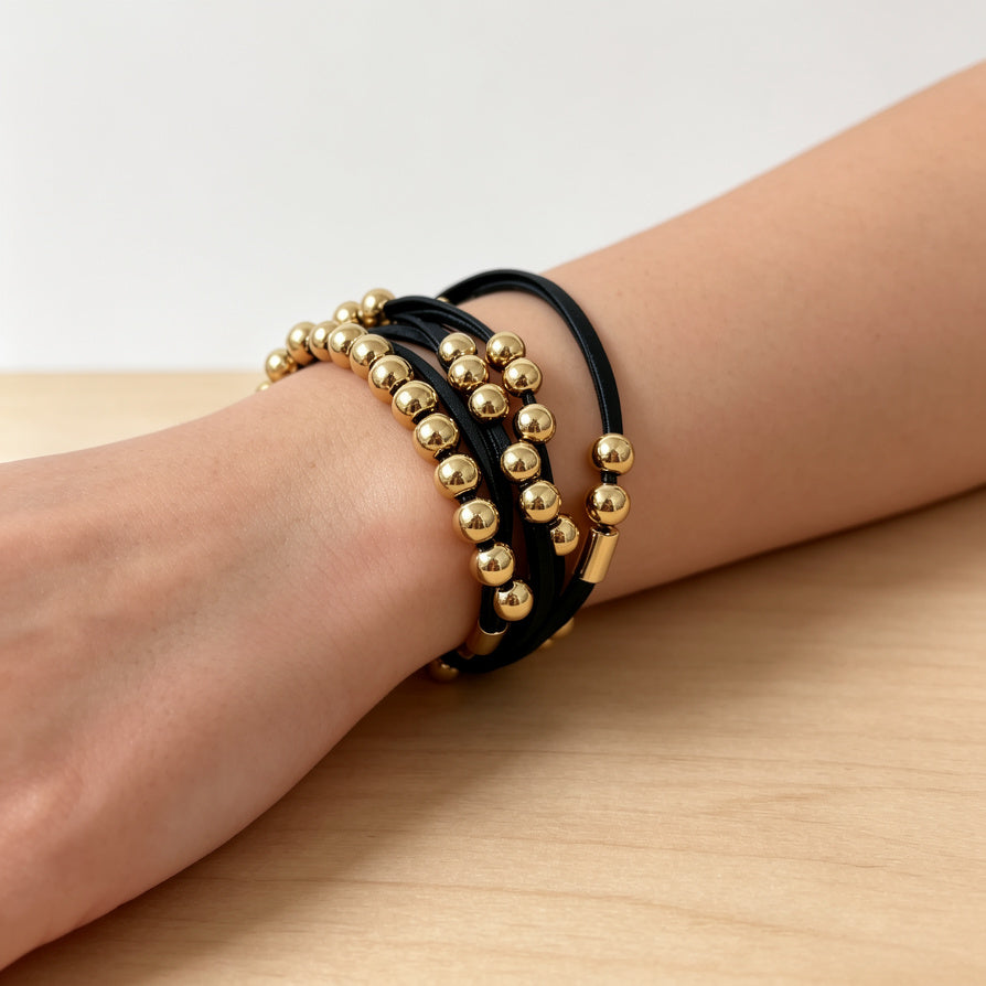 Pulsera de cuero sintético multicapa con bolas doradas, 2 colores al por mayor | JI JOYA