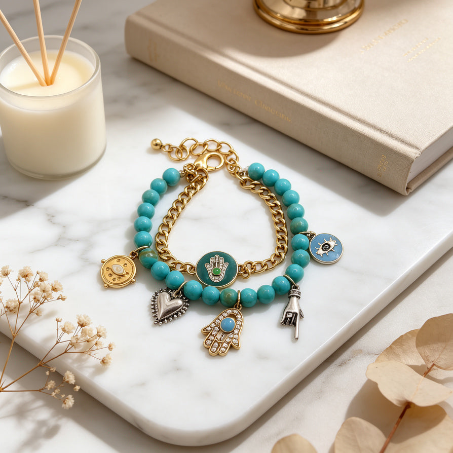 Pulsera Turquesa Mano de Hamsa Ojo Turco | Bisutería Espiritual Mayorista para Joyería|JI JOYA